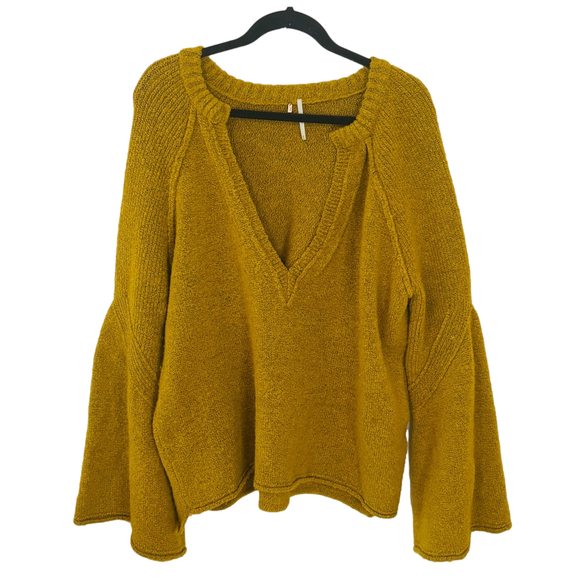 Free People Lovely Lines Pullover Wool Sweater Mustard Sunstone Combo SZ Medium - Picture 14 of 14